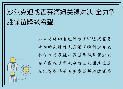 沙尔克迎战霍芬海姆关键对决 全力争胜保留降级希望