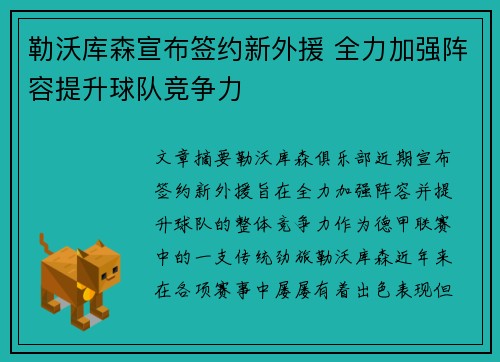 勒沃库森宣布签约新外援 全力加强阵容提升球队竞争力