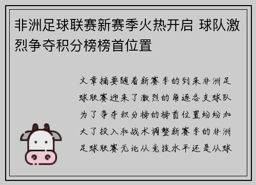 非洲足球联赛新赛季火热开启 球队激烈争夺积分榜榜首位置