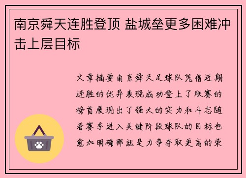 南京舜天连胜登顶 盐城垒更多困难冲击上层目标