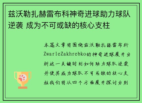 兹沃勒扎赫雷布科神奇进球助力球队逆袭 成为不可或缺的核心支柱