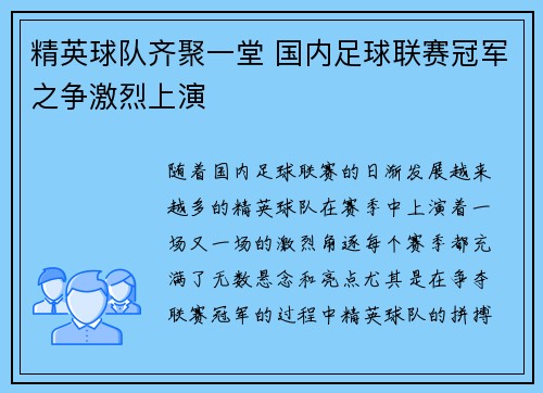 精英球队齐聚一堂 国内足球联赛冠军之争激烈上演